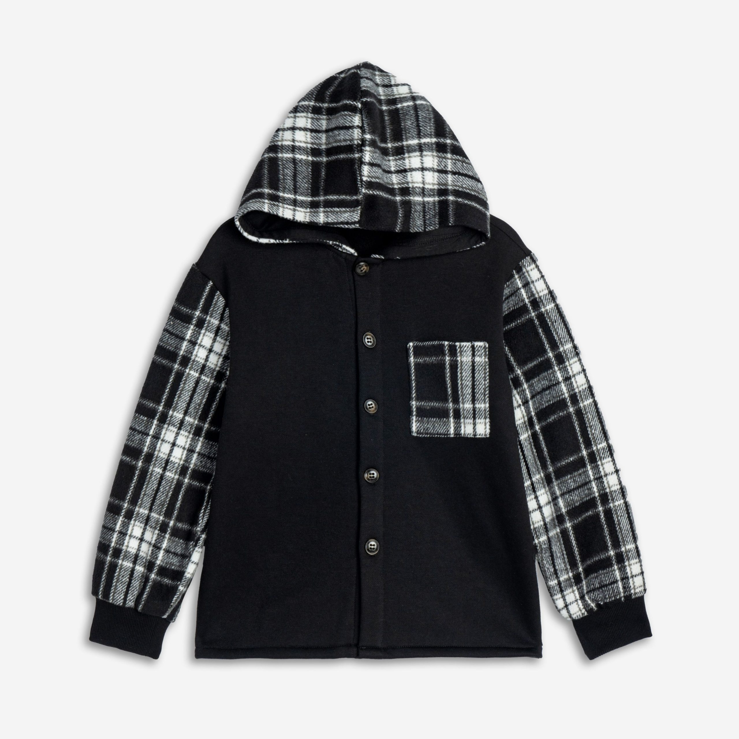 ζακετα φουτερ κουκουλα αγορι μαυρο-καρω μαυρο-λευκο